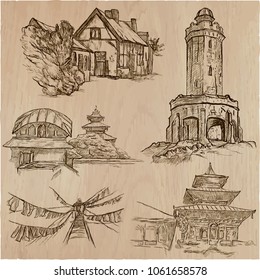 An hand drawn vector collection of sporting event. ARCHITECTURE. Hand drawings. Line art technique.