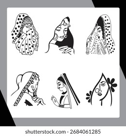 Hand drawn vector collection of traditional women wearing veil, showcasing cultural and ethnic dress styles in black and white sketch.