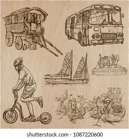 An hand drawn vector collection - TRANSPORT, transportation. Hand drawings, line art, freehand sketching.