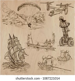 An hand drawn vector collection - TRANSPORT, transportation. Hand drawings, line art, freehand sketching.
