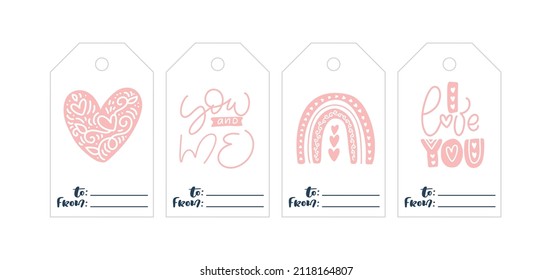 Colección vectorial dibujada a mano de las etiquetas de regalo de San Valentín. Etiquetas de amor y romance aisladas en fondo blanco. Plantilla de etiqueta romántica para vacaciones y diseño de bodas.