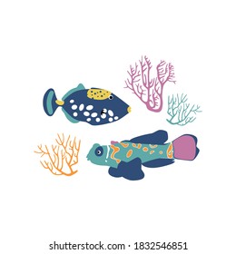 Hand drawn vector color illustration of ocean fishes and corals. Underwater life. Isolated objects on white background. 
