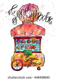 Hand drawn vector color illustration of food vendor isolated on white.Design for street food.Vendor cart illustration.Street retail and wheel market.Street food kiosk and trolley.Lettering.Donuts sale