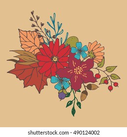 Hand drawn vector color illustration of the autumn bouquet with flowers and leaves