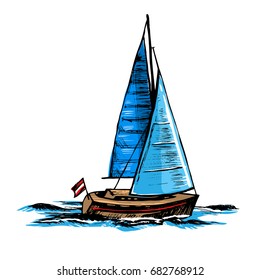 
 
 Hand drawn vector color illustration of a sketch. Sailboat. A sea yacht floats on the surface of the water.
