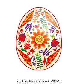 Hand drawn vector color painted Easter egg decorated with flowers. Happy easter design elements. Religious holiday illustration for poster.