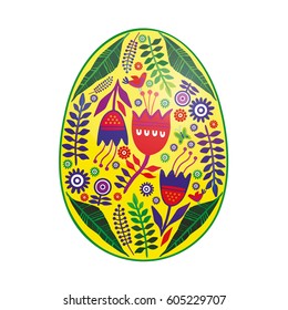 Hand drawn vector color painted Easter egg decorated with flowers. Happy easter design elements. Religious holiday illustration for poster.