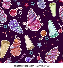 Hand drawn vector colored ice cream smiles seamless pattern with emoji characters, sweets and waffles on purple background.