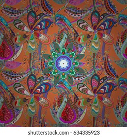 Hand drawn vector colored Mandala seamless pattern. Magic vintage template of greeting, print, cloth. Arabic, indian, turkish and ottoman culture decoration style. Ethnic ornament on pink background.