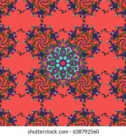 Hand drawn vector colored Mandala seamless pattern. Ethnic ornament on blue background. Magic vintage template of greeting, print, cloth. Arabic, indian, turkish and ottoman culture decoration style.