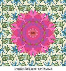 Hand drawn vector colored Mandala seamless pattern. Arabic, indian, turkish and ottoman culture decoration style. Ethnic ornament on background. Magic vintage template of greeting, print, cloth.