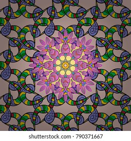 Hand drawn vector colored Mandala seamless pattern. Arabic, indian, turkish and ottoman culture decoration style. Ethnic ornament on violet colors. Magic vintage template of greeting, print, cloth.