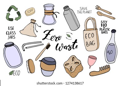 Hand drawn vector colorful cartoon modern graphic illustrations art collection set with Zero Waste and Save Planet illustrations concept isolated on white background