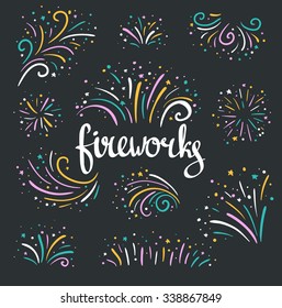 Hand Drawn Vector Colorful Christmas Fireworks On Dark Background