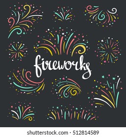 Hand drawn vector colorful Christmas fireworks on the dark background