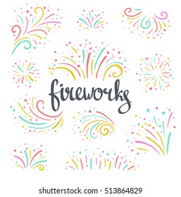 Hand drawn vector colorful Christmas fireworks on the white  background. Bright holiday design elements.