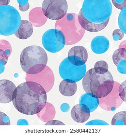 Hand drawn  vector colorful circles seamless pattern, watercolor texture on a white background. Chaotic placement 