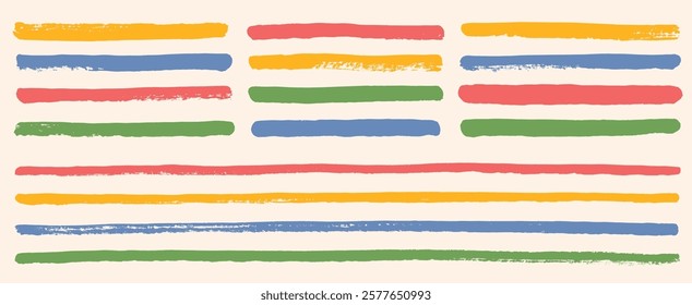 Hand drawn vector colorful dry brush strokes, stripes, paint stains, artistic grungy backgrounds collection. Underlines, dividers set. Grungy uneven rough lines, ink streaks, long smears bundle.