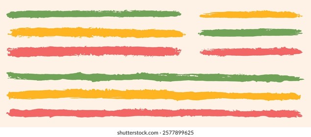 Hand drawn vector colorful dry brush strokes, stripes, paint stains, artistic grungy backgrounds collection. Underlines, dividers set. Grungy uneven rough lines, ink streaks, long smears bundle.