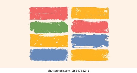 Hand drawn vector colorful dry brush strokes, paint stains, artistic textured backgrounds collection. Text boxes, frames set. Grungy rectangles, wide stripes, uneven shapes, rough square edges.