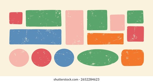 Handgezeichnete Vektor bunte trockene Pinsel Pastellkreide Holzkohle Wachsmalstift Marker Pinsel Striche gesetzt. Flecken, breite Streifen, Wellen, Kritzeleien, schraffiert strukturierte raue Hintergründe Textfeld