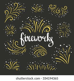 Hand Drawn Vector Colorful Fireworks On Black Background