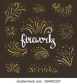 Hand drawn vector colorful fireworks on dark background