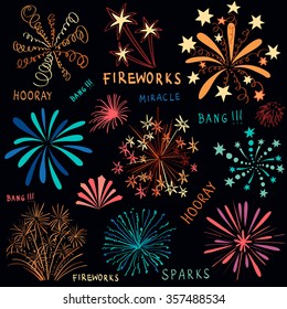 Hand drawn vector colorful fireworks set on dark background