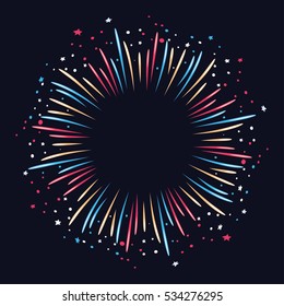 Hand drawn vector colorful  fireworks on dark background. 