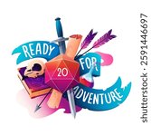 Hand drawn vector colorful illustration. A set of character items in a board game. Dice from the RPG game with 20. Bright gradients and the inscription “ready for adventure”
