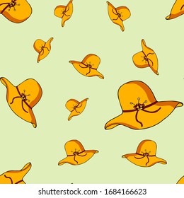 Hand drawn vector colorful illustration. Seamless pattern with women fashion hat. Scribble element for design, cards, prints, posters. Vintage, engraving, sketch in a realistic style.