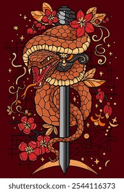 Hand drawn vector colorful illustration with sword and snake - symbol of the year according to eastern horoscope. Graphic artwork with esoteric, gothic and mystic concept, mythology and legend