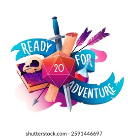 Hand drawn vector colorful illustration. A set of character items in a board game. Dice from the RPG game with 20. Bright gradients and the inscription “ready for adventure”