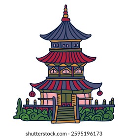 Hand drawn vector colorful illustration of asian pagoda.