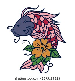 Hand drawn vector colorful illustration of koi fish.