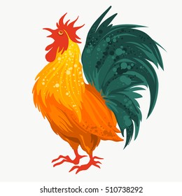 Hand drawn vector colorful illustration of fiery rooster - symbol of the Chinese New Year. Fire bird. Silhouette of red cock, design element for christmas greetings, cards, web banners.