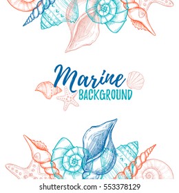 Hand drawn vector colorful illustration - Marine background. Design template with seashells. Perfect for invitations, greeting cards, posters, prints, banners, flyers etc