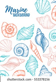 Hand drawn vector colorful illustration - Marine background. Design template with seashells. Perfect for invitations, greeting cards, posters, prints, banners, flyers etc