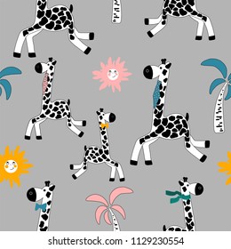 Hand drawn vector colorful pastel cute cartoon seamless pattern little happy giraffe, sun, palm tree on the gray background for baby apparel or decoration