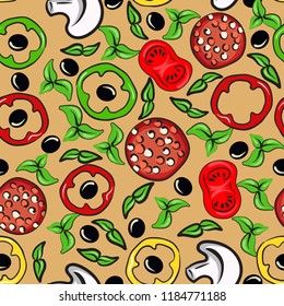 Hand drawn vector colorful seamless pattern with sausage, bell pepper, mushrooms, olives, tomatoes and greens