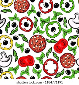 Hand drawn vector colorful seamless pattern with sausage, bell pepper, mushrooms, olives, tomatoes and greens