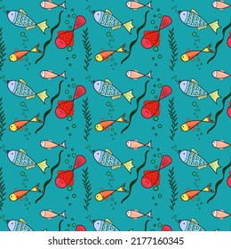 Hand drawn vector, colorful, seamless, repeating, simple, flat pattern with fishes on a turquoise background. Childish texture for fabric, wallpaper, clothing