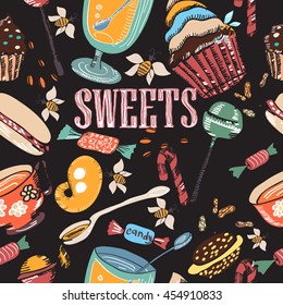 Hand drawn vector colorful seamless pattern. Sketches of sweets, candy, tea, coffee, honey, lollipops, cupcakes. 