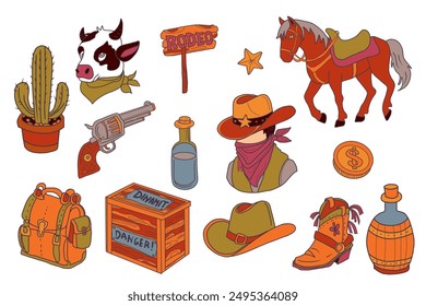 Hand drawn vector colorful western set. Cowboy, horse, cowboy boots, hat, revolver, cactus, bull.