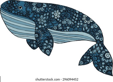 Hand drawn vector colorful whale illustration. Decorative ornamental whale drawing