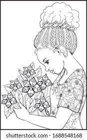 Hand drawn vector coloring for adults and children.
Beautiful african american girl holding a bouquet of flowers