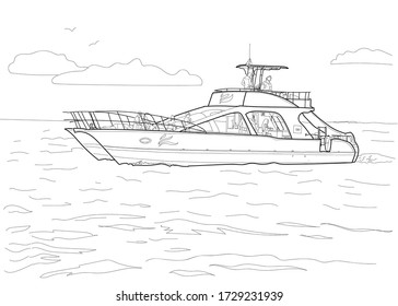 Hand drawn vector coloring book for children and adults - Yacht sailing in the sea. Line art illustration. Meditation 