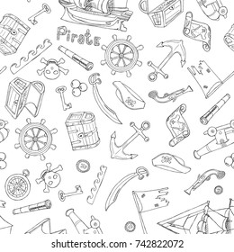 Hand drawn vector coloring book illustration seamless pattern background of seafaring with ship, anchor, steering wheel, compass, lettering outline