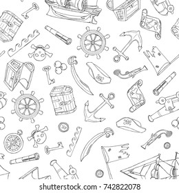 Hand drawn vector coloring book illustration seamless pattern background of seafaring with ship, anchor, steering wheel, compass with outline