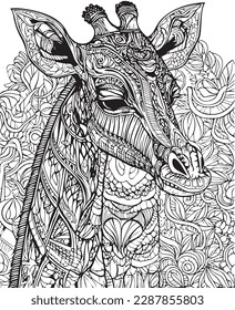 Hand drawn vector coloring page of Giraffe in jungle. Coloring page for kids and adults. Print design, t-shirt design, tattoo design, mandala art.